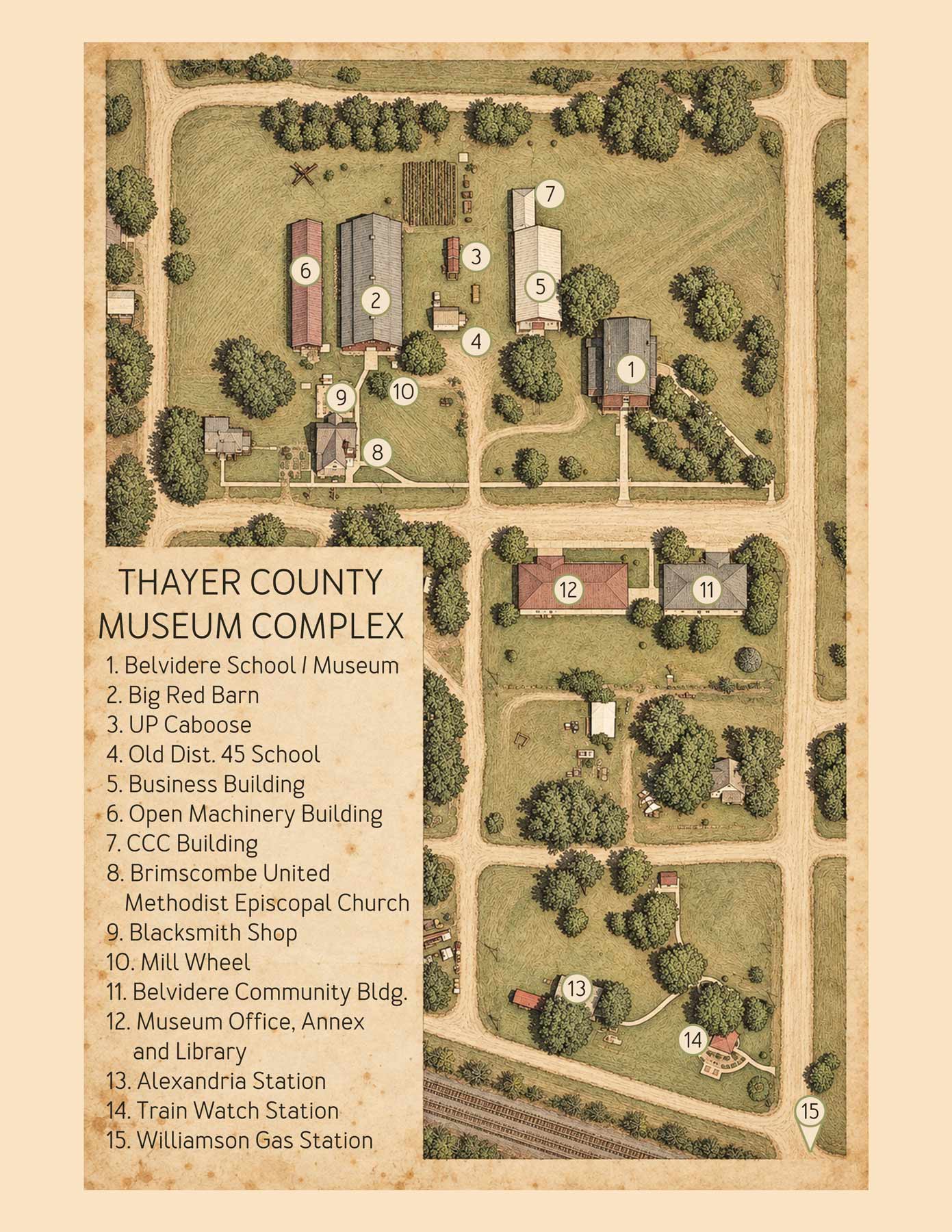 Map of the Thayer County Museum grounds showing the museum buildings and visitor stops